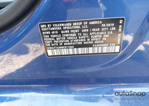 2017 Volkswagen Passat 1.8T S из США, поврежденный, VIN 1VWAT7A39HC011342